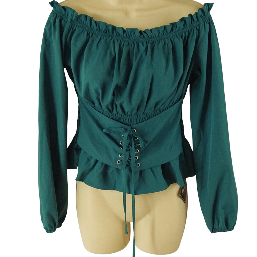 Zaful Teal Off-Shoulder Blouse with Corset Detail